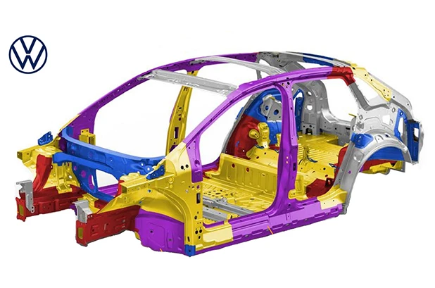 Detalhamento da carroceria Volkswagen em branco: a&ccedil;o moldado a quente de alta resist&ecirc;ncia suave e a&ccedil;o moldado a quente Aplica&ccedil;&atilde;o de alum&iacute;nio